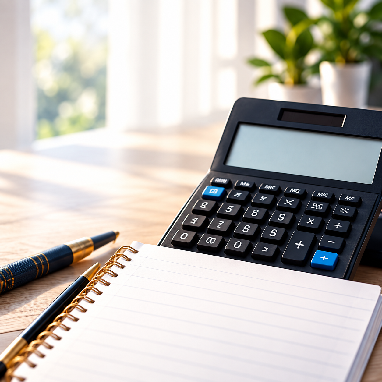 Calculadora, libreta y plumas para revisar una estrategia de pensión